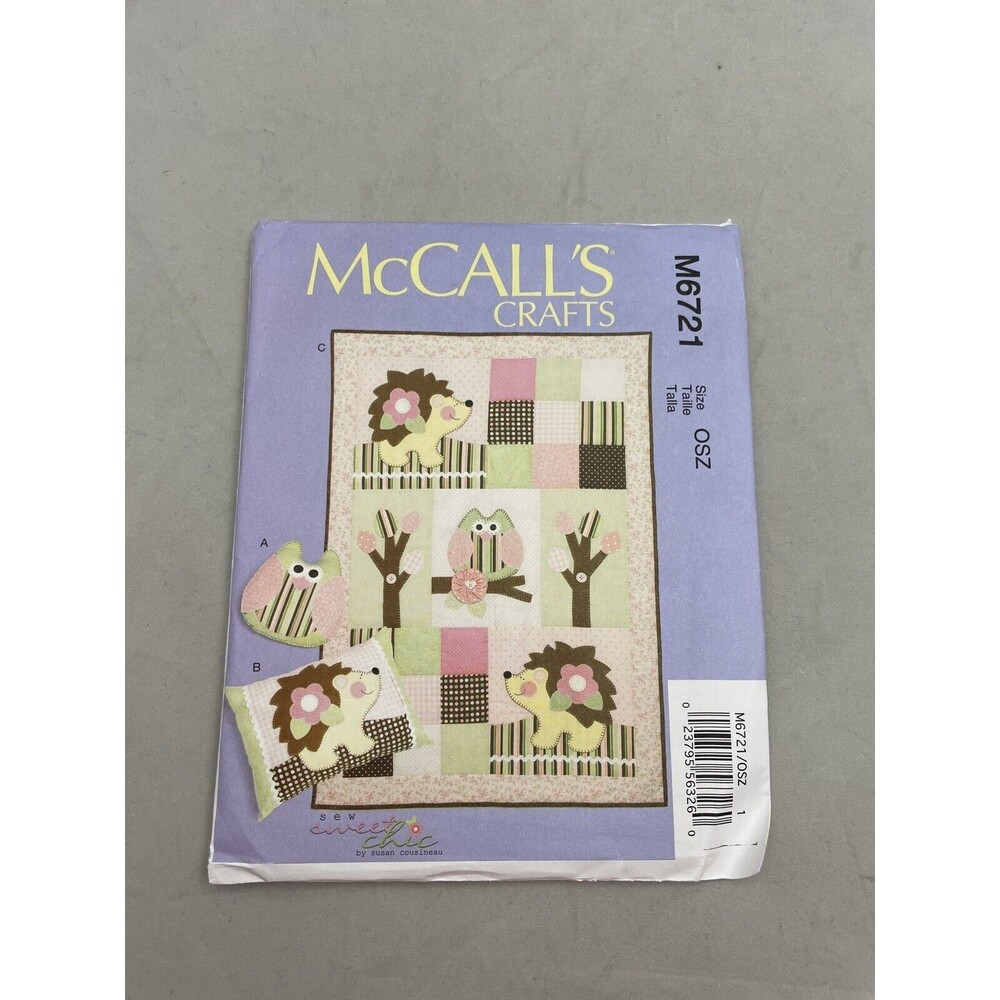 McCall's M6721 Crafts Sewing Pattern Pillows Quilt Owl Hedgehog Cousineau Chic
